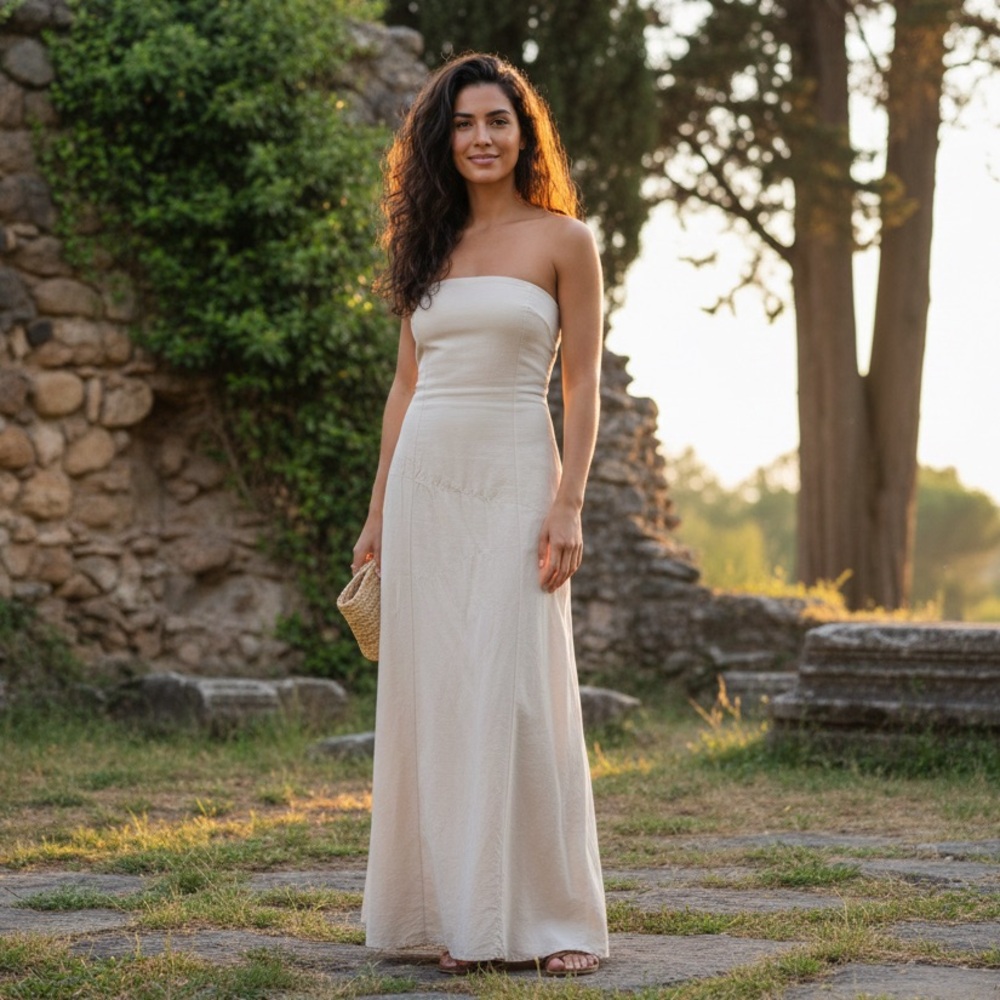 Midnight Sky Sz M Cream Neutral Cotton Linen Strapless Open Back Maxi Dress